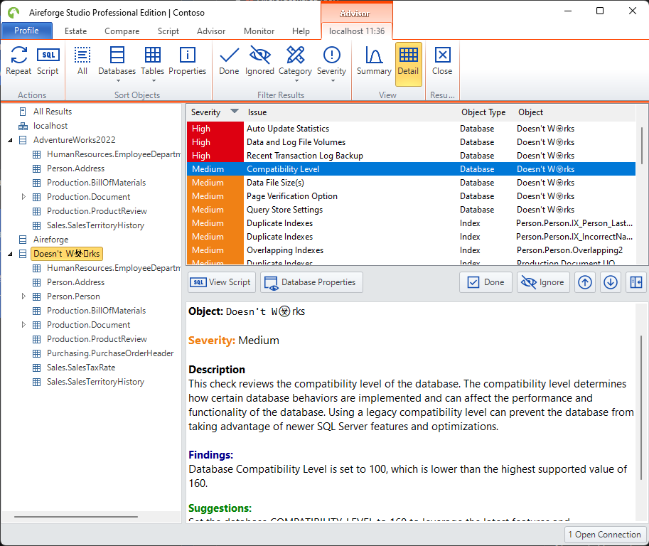 Aireforge SQL Server Advise Results Window